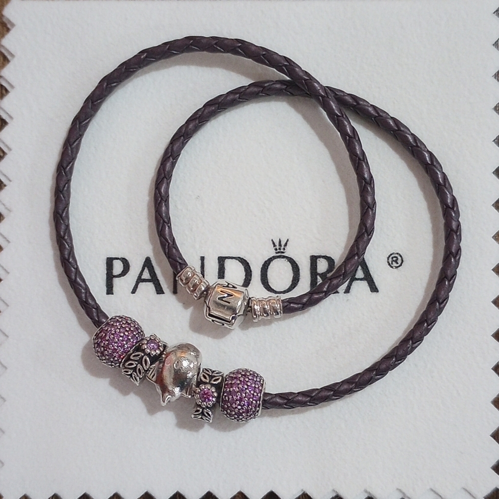 Pandora Purple Braided Bracelet with Five Authentic Pandora Charms - Picture 4 of 5